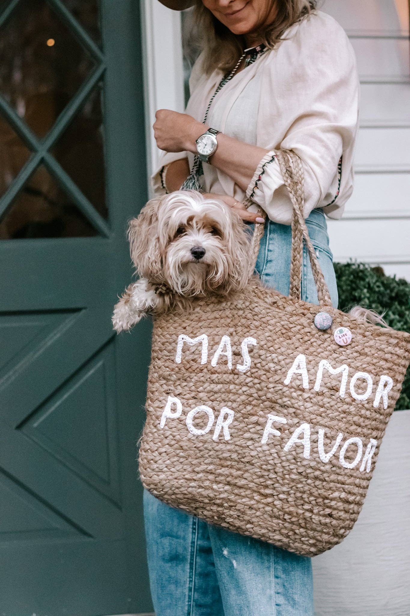 Large Mas Amor Por Favor Jute Tote Bag