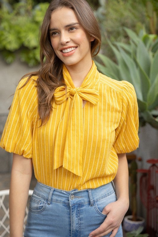 Mustard Striped Tie Blouse