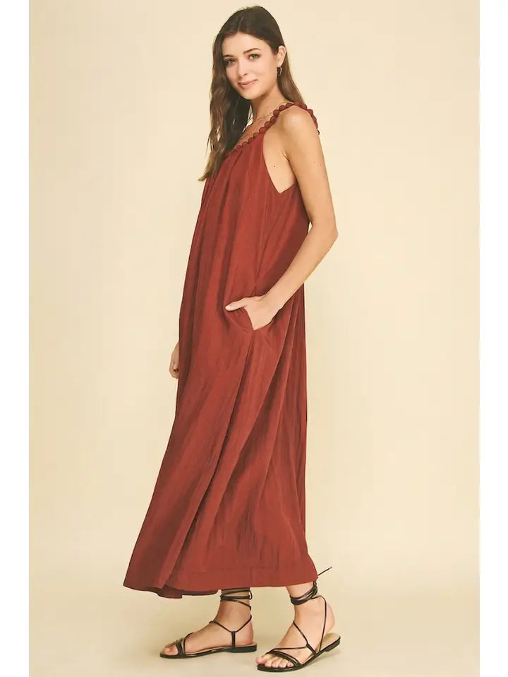 Maxi Dress with Ball Trim Neckline