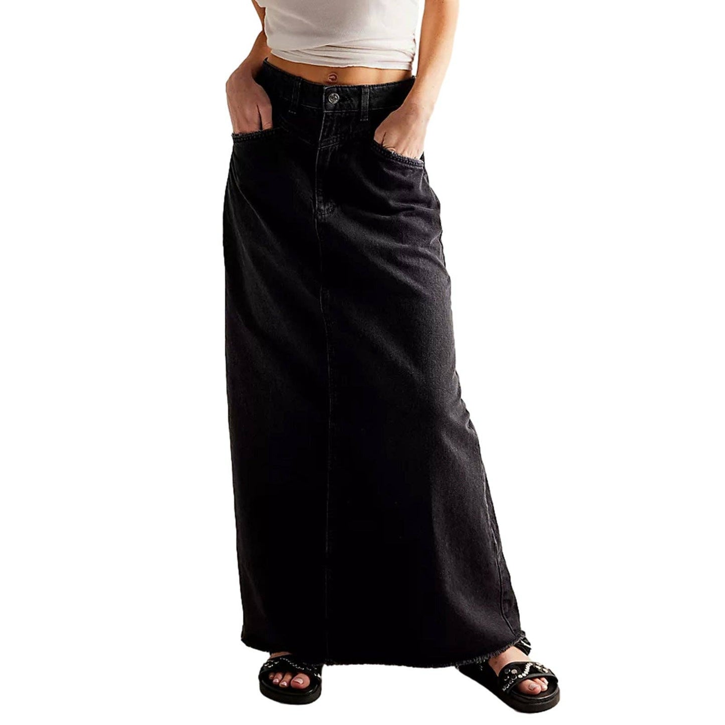 Washed Raw Hem Casual Denim Maxi Skirt