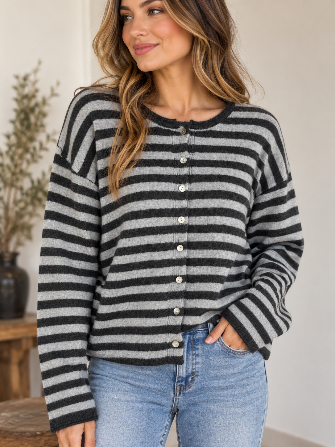 Black and Grey Striped Super Soft Sweater Cardigan