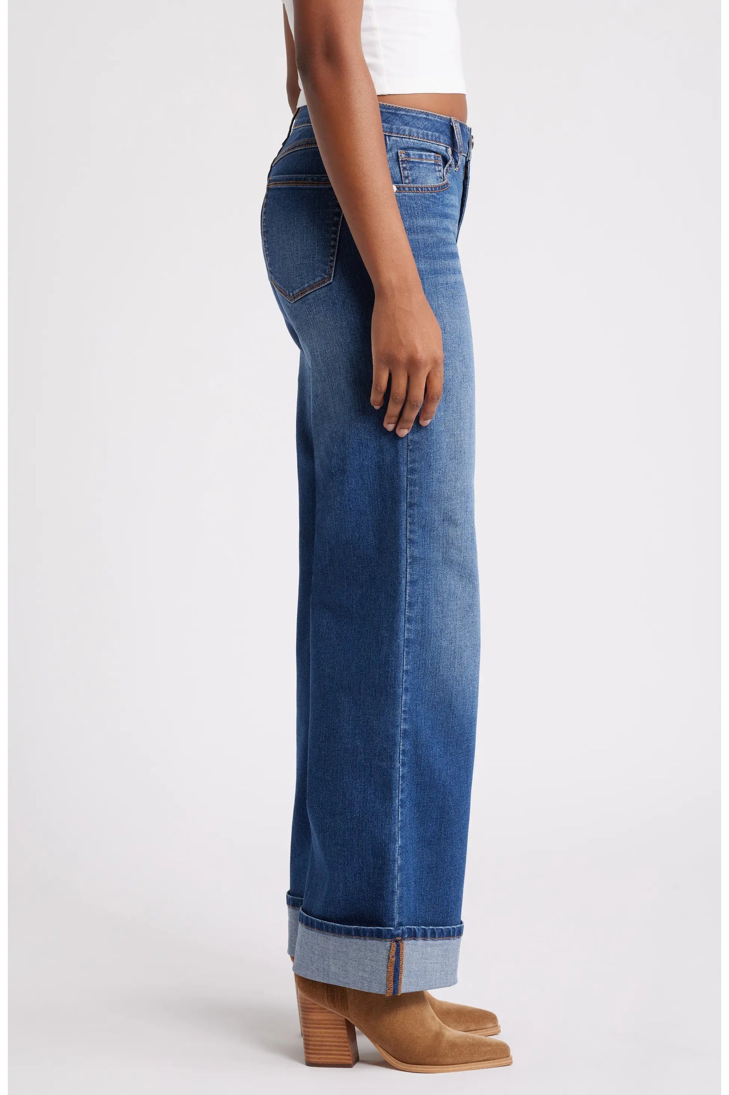 High Waist Cuff Slim Wide Leg Jeans