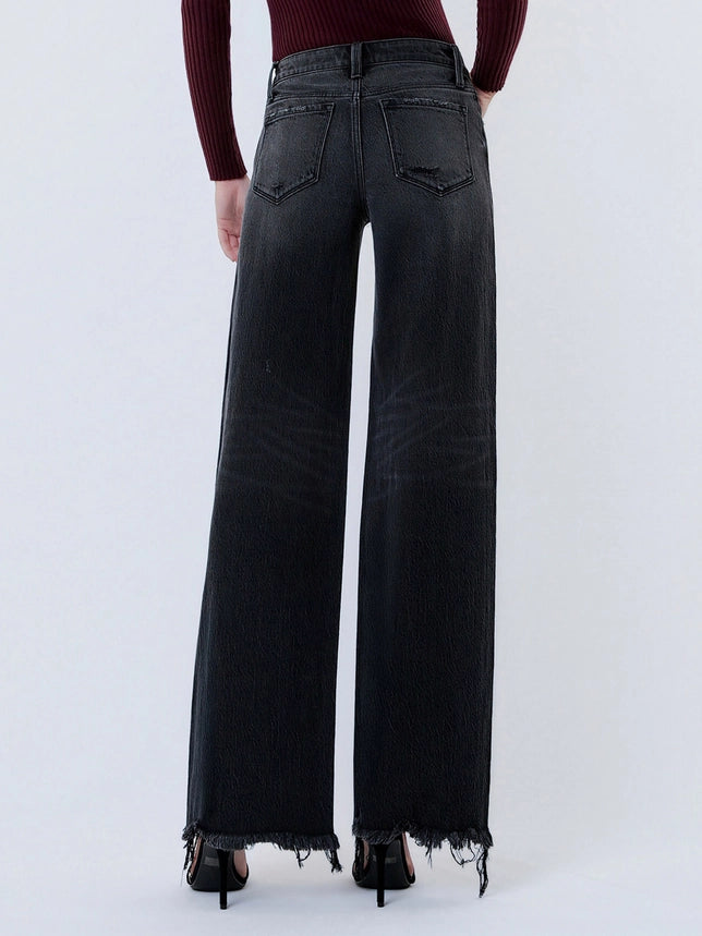 VERVET Mid Rise Distressed Hem Black Wide Leg Jeans