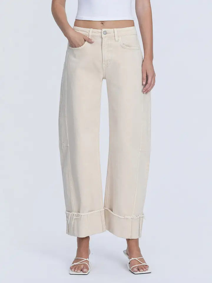 High Rise Side Panel Crop Cuffed Barrel Jeans