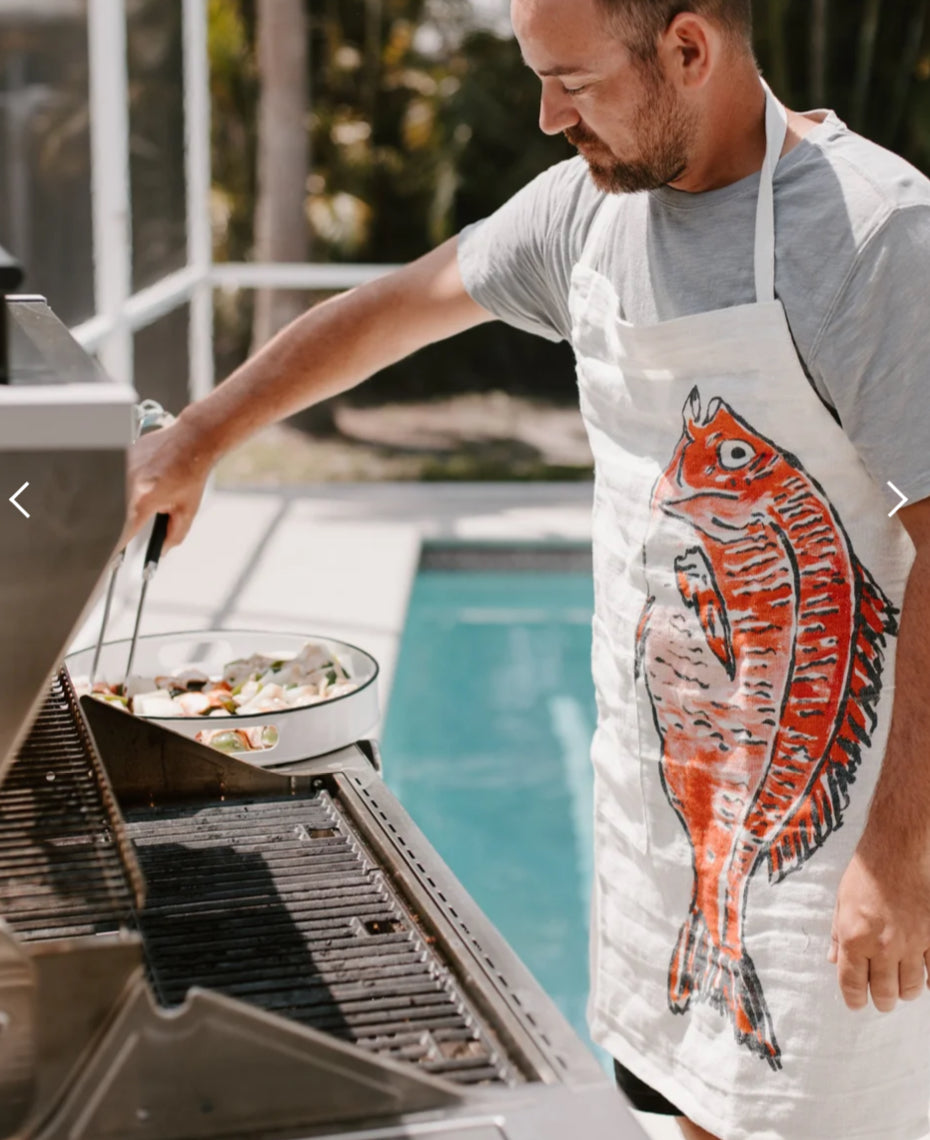 Linen Printed Apron w/ Pocket & Fish