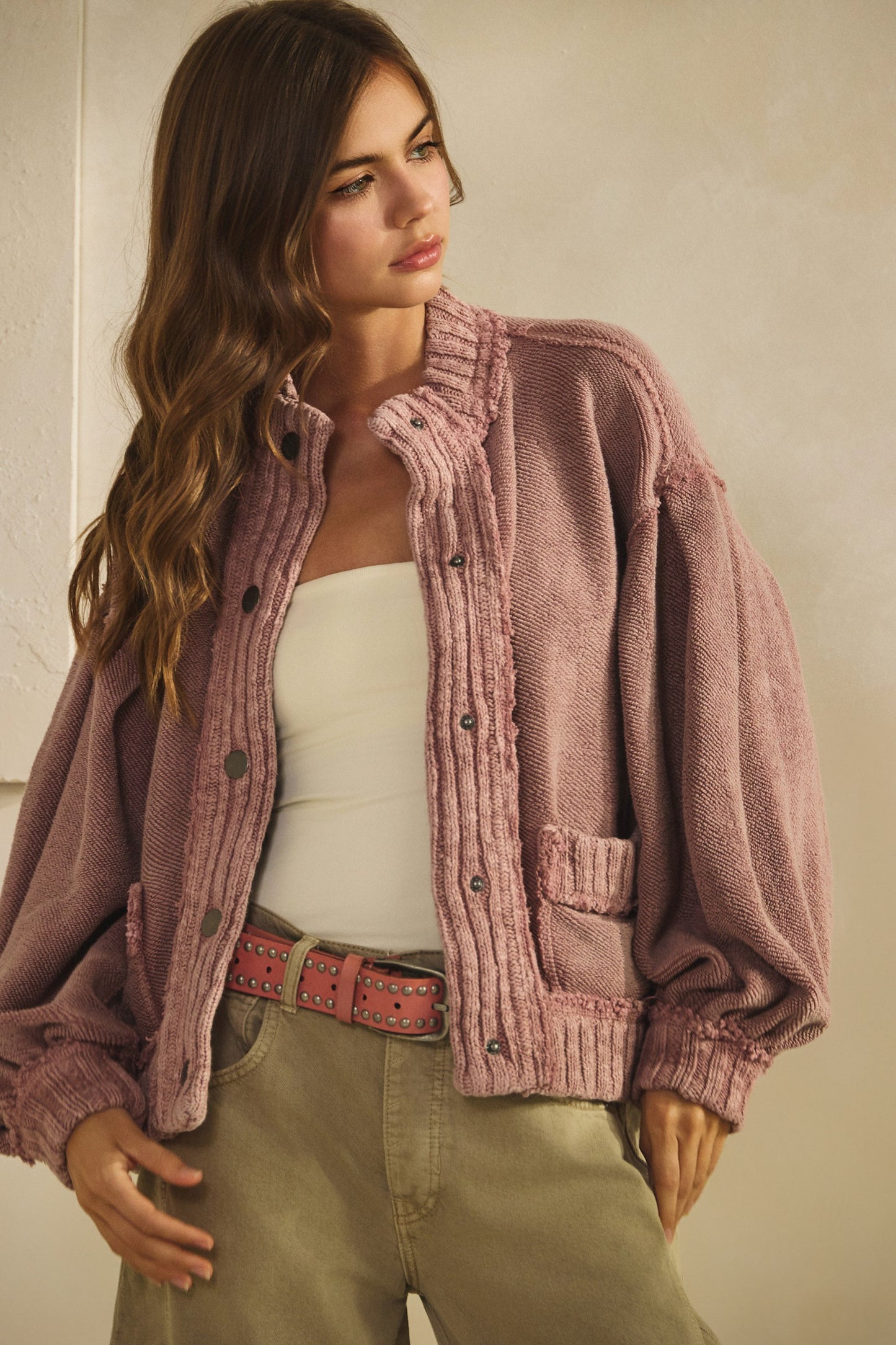 Washed Vintage Ribbed Knit Trim Cardigan Jacket