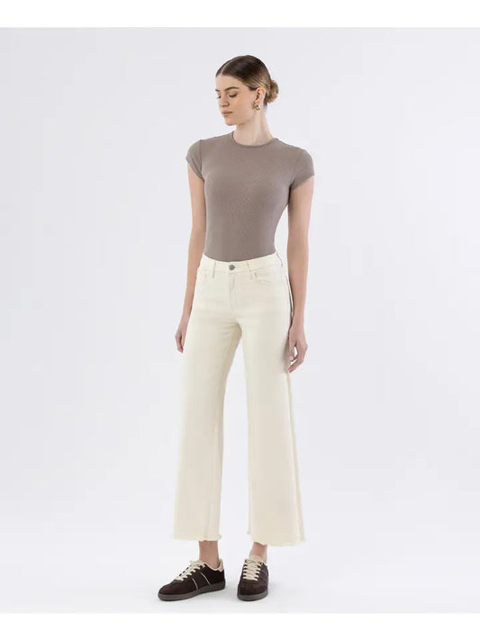 High Rise Raw Hem Ankle Wide Leg Jeans