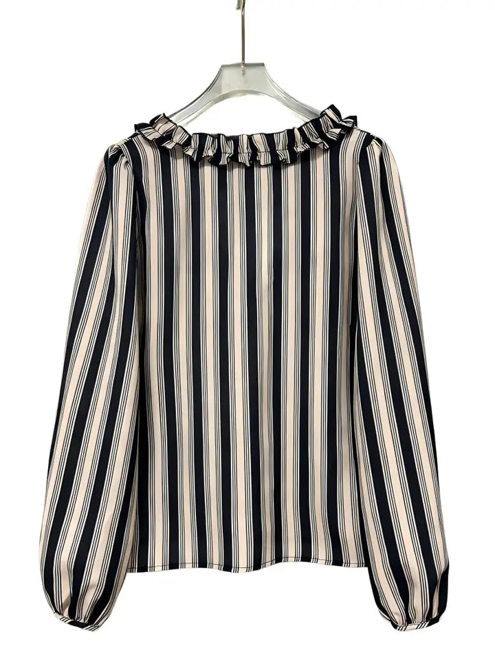 Ruffled Striped Long Sleeve Blouse
