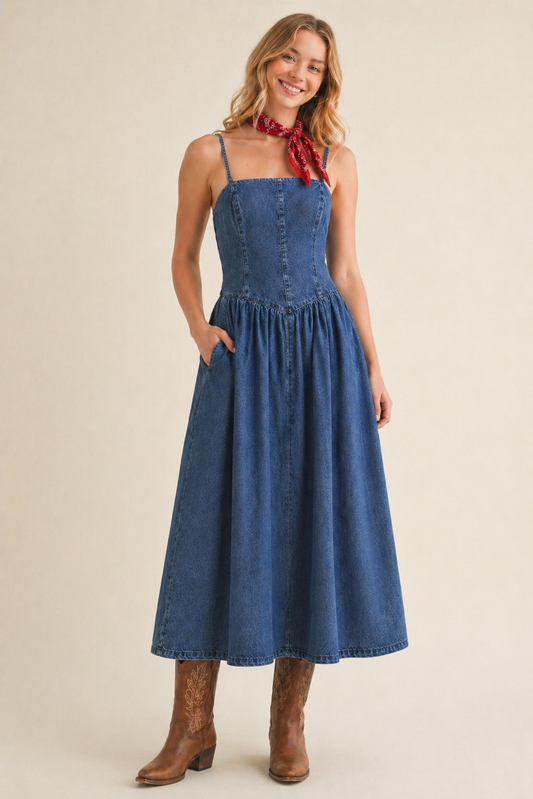 Seamed Full Skirt Denim Dress