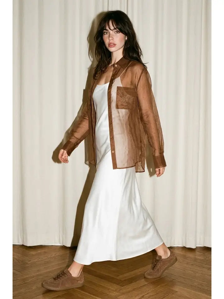 Sheer Organza Oversized Button-Down