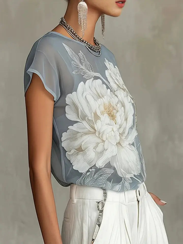 Floral Sheer Round Neck T-Shirt