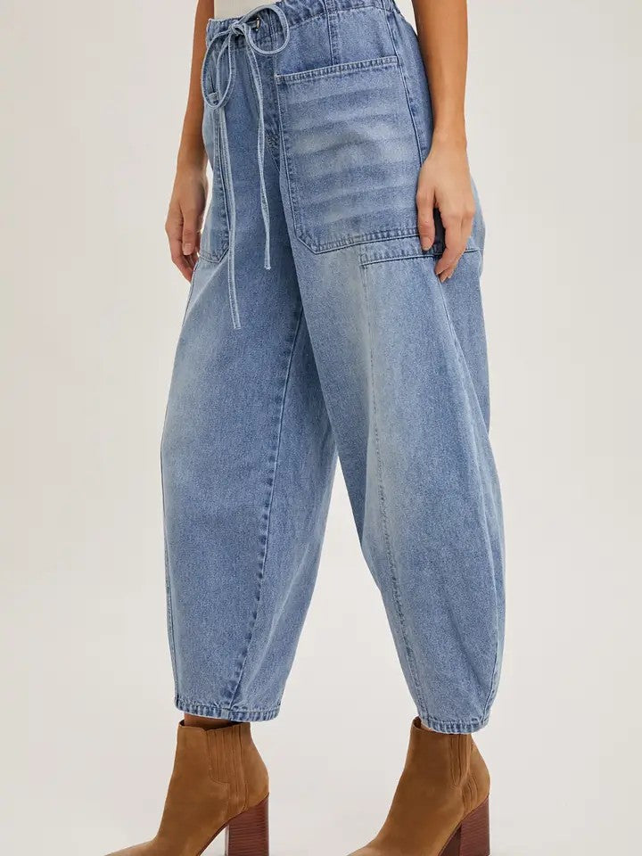 Denim Mid-Waist Drawstrings Barrel Jeans