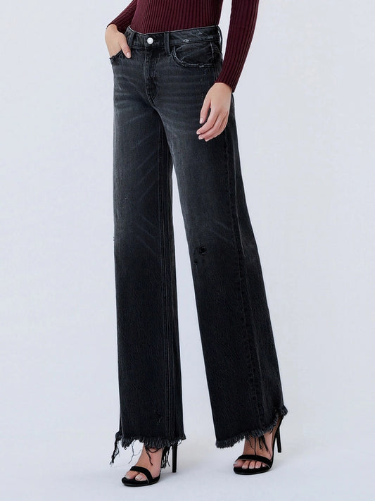 VERVET Mid Rise Distressed Hem Black Wide Leg Jeans