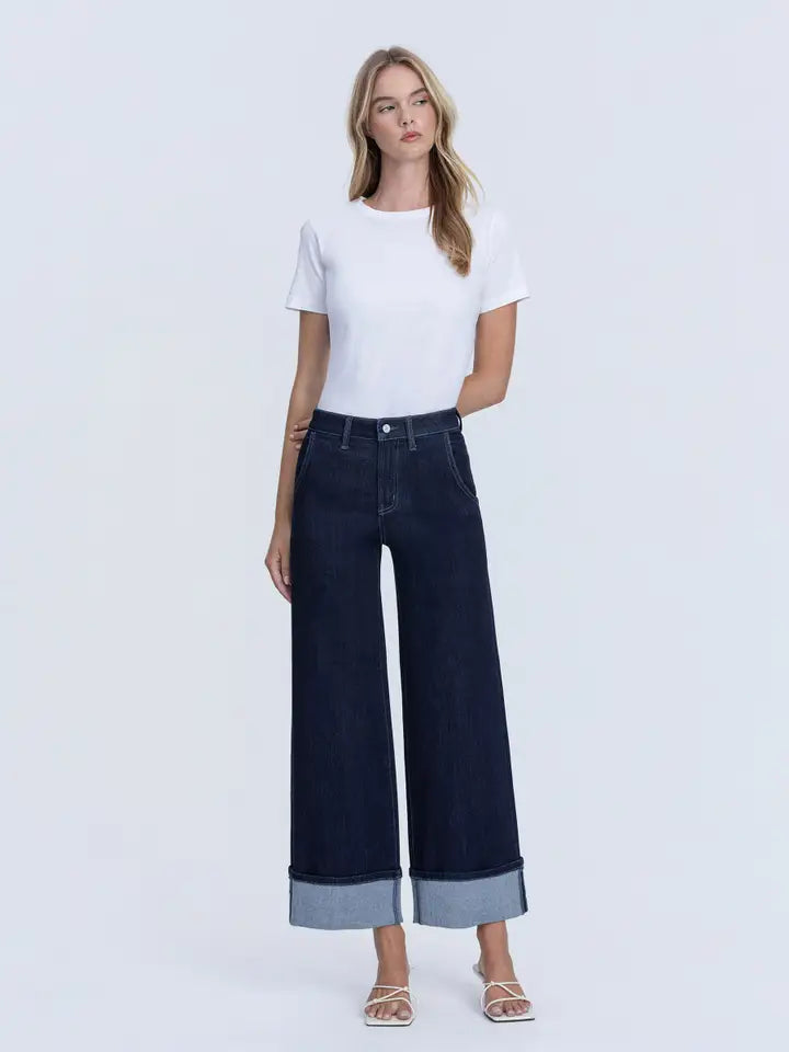 VERVET High Rise Dark Wash Cuffed Ankle Wide Leg Jeans