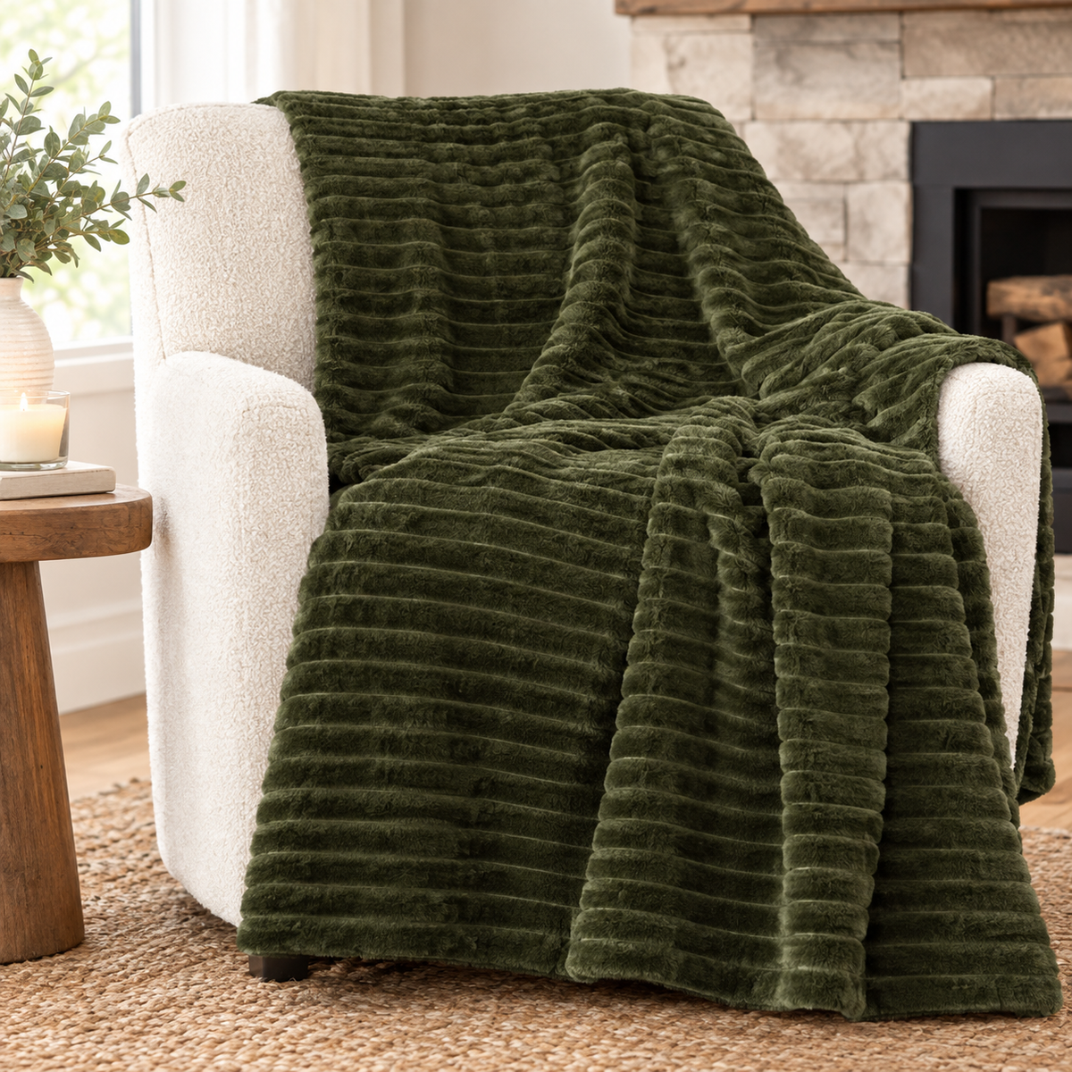 Faux Fur Ribbed Throw with Velvet Back, Green
