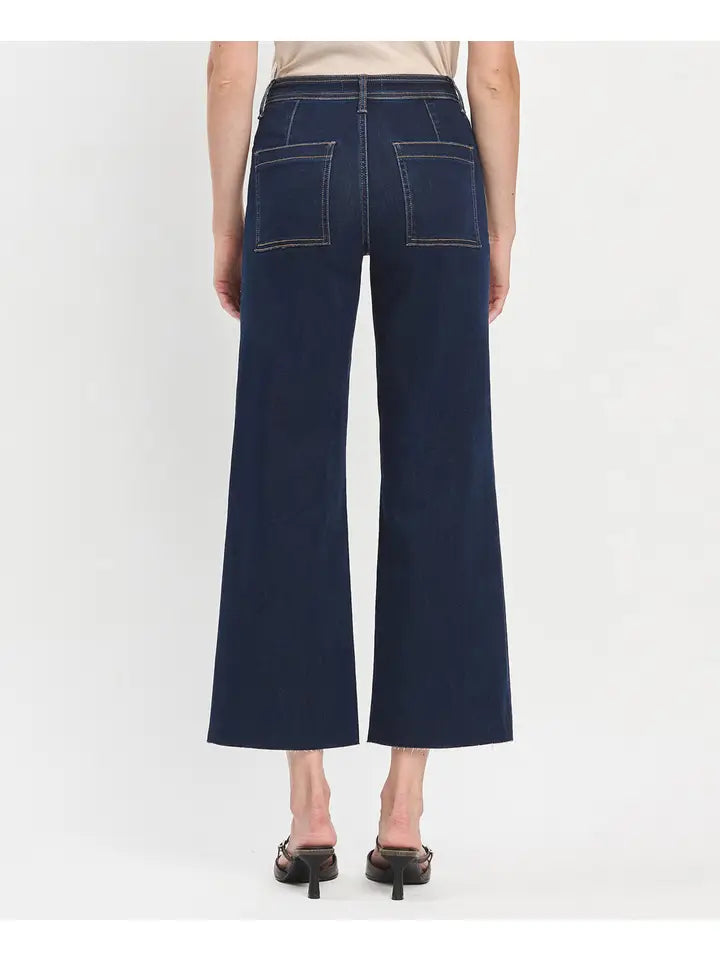 VERVET High Rise Clean Cut Raw Hem Ankle Wide Jeans