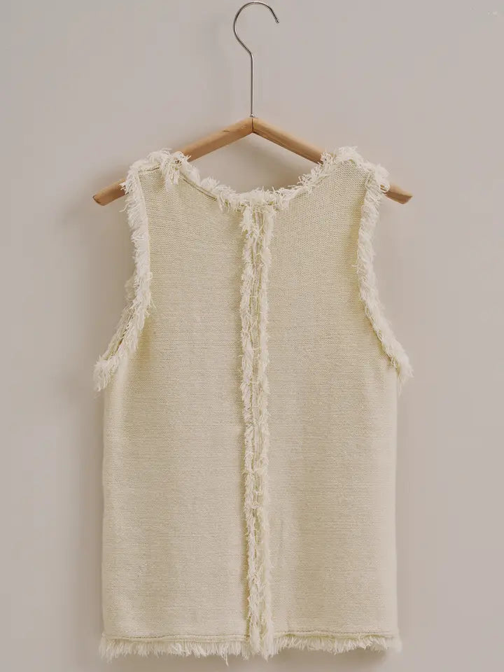 Frayed Trim Textured Knit Sleeveless Top