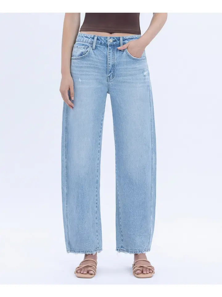 VERVET Super High Rise Light Wash Crop Barrel Leg Jeans