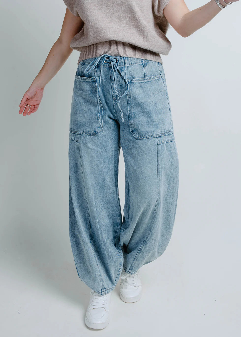 Denim Mid-Waist Drawstrings Barrel Jeans