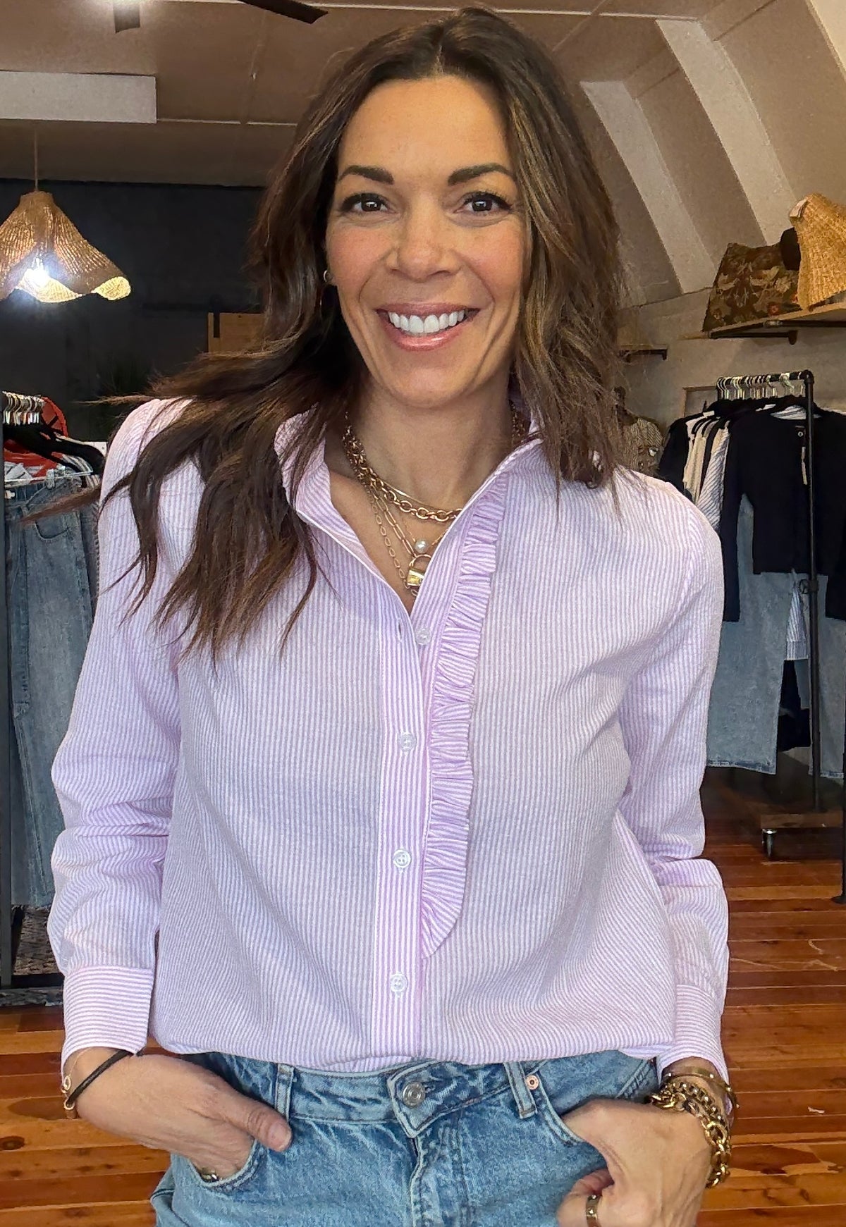 Frill Neck Pinstriped Shirt