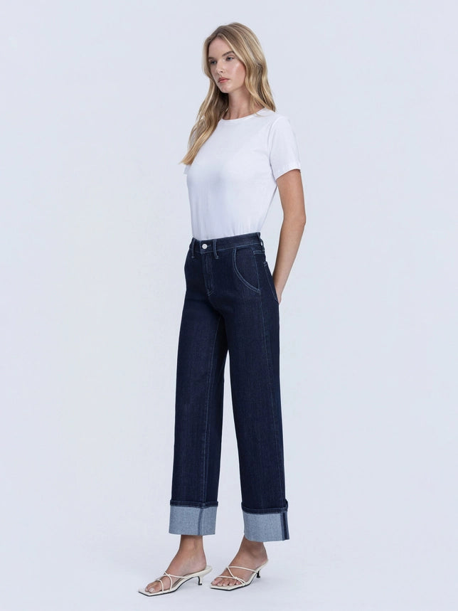 VERVET High Rise Dark Wash Cuffed Ankle Wide Leg Jeans