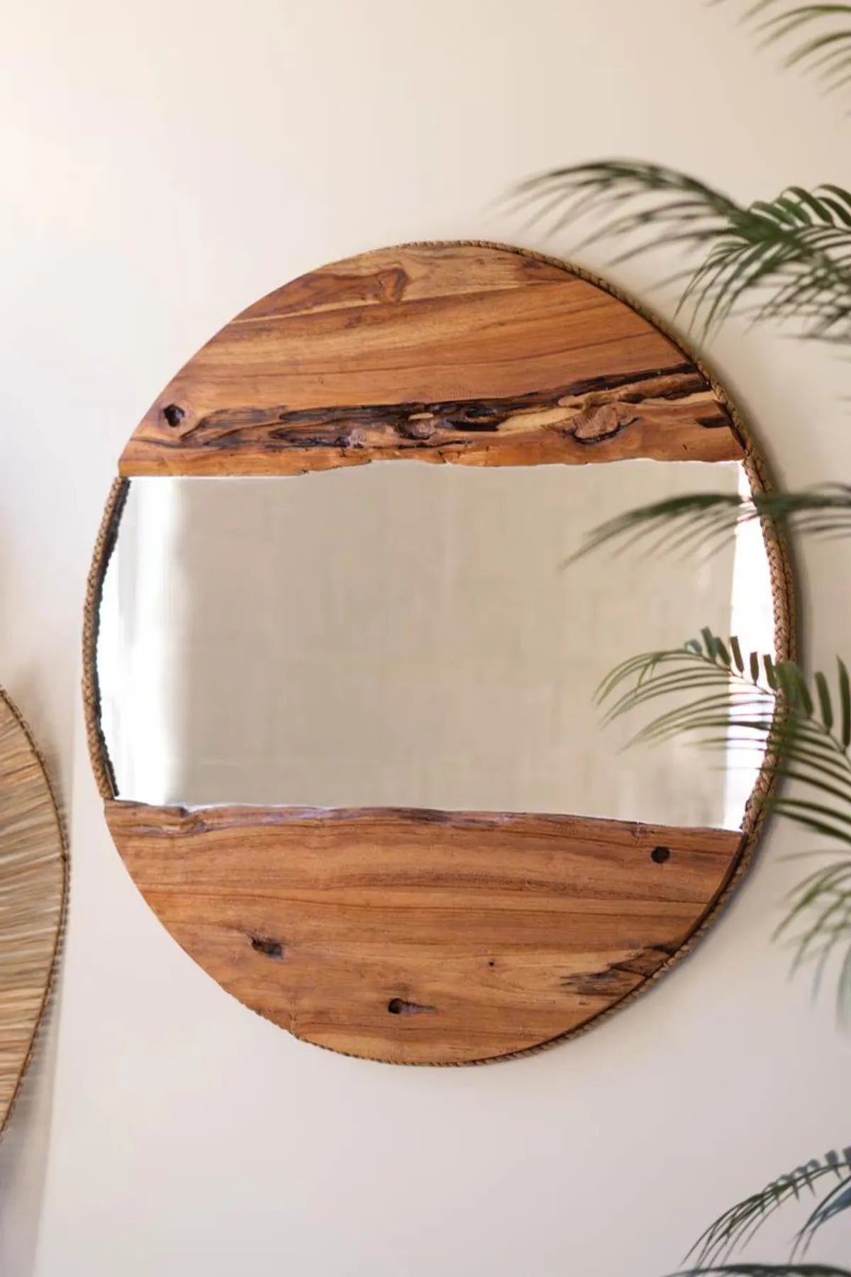 Rope Detail Round Wood Framed Mirror