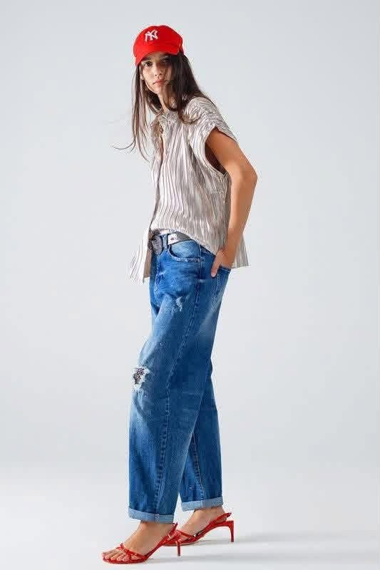 Q2 Straight Distressed Patch Jeans With Splattered Paint
