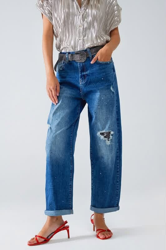 Q2 Straight Distressed Patch Jeans With Splattered Paint