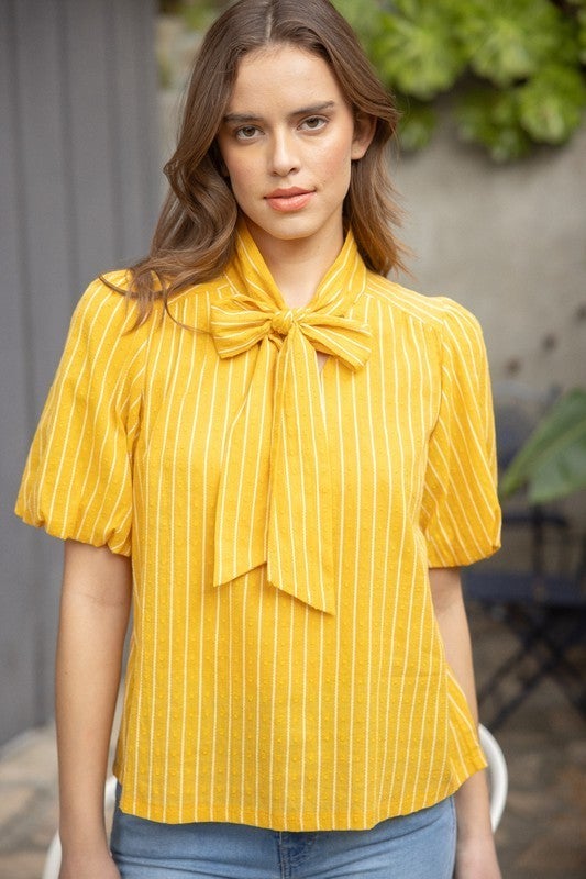 Mustard Striped Tie Blouse
