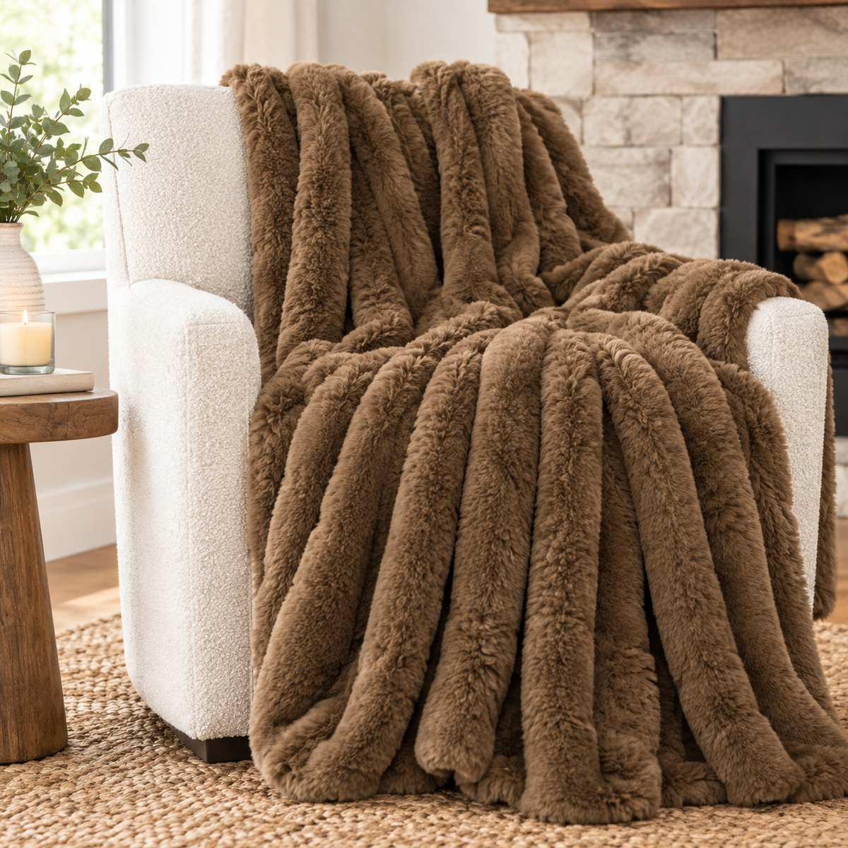 Faux Fur Ribbed Throw, Brown