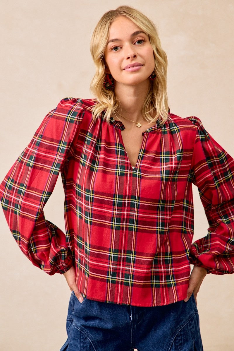 Christmas Plaid Balloon Sleeved Top