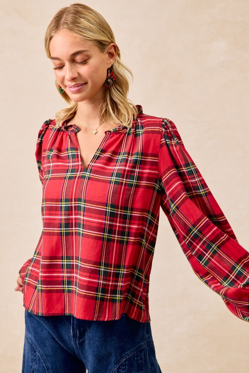 Christmas Plaid Balloon Sleeved Top