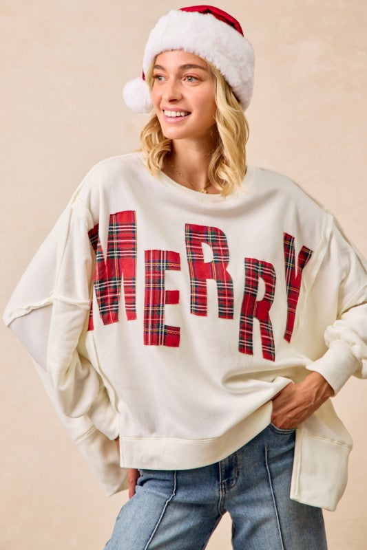 Christmas Plaid Merry Lettering Fleece Sweatshirt