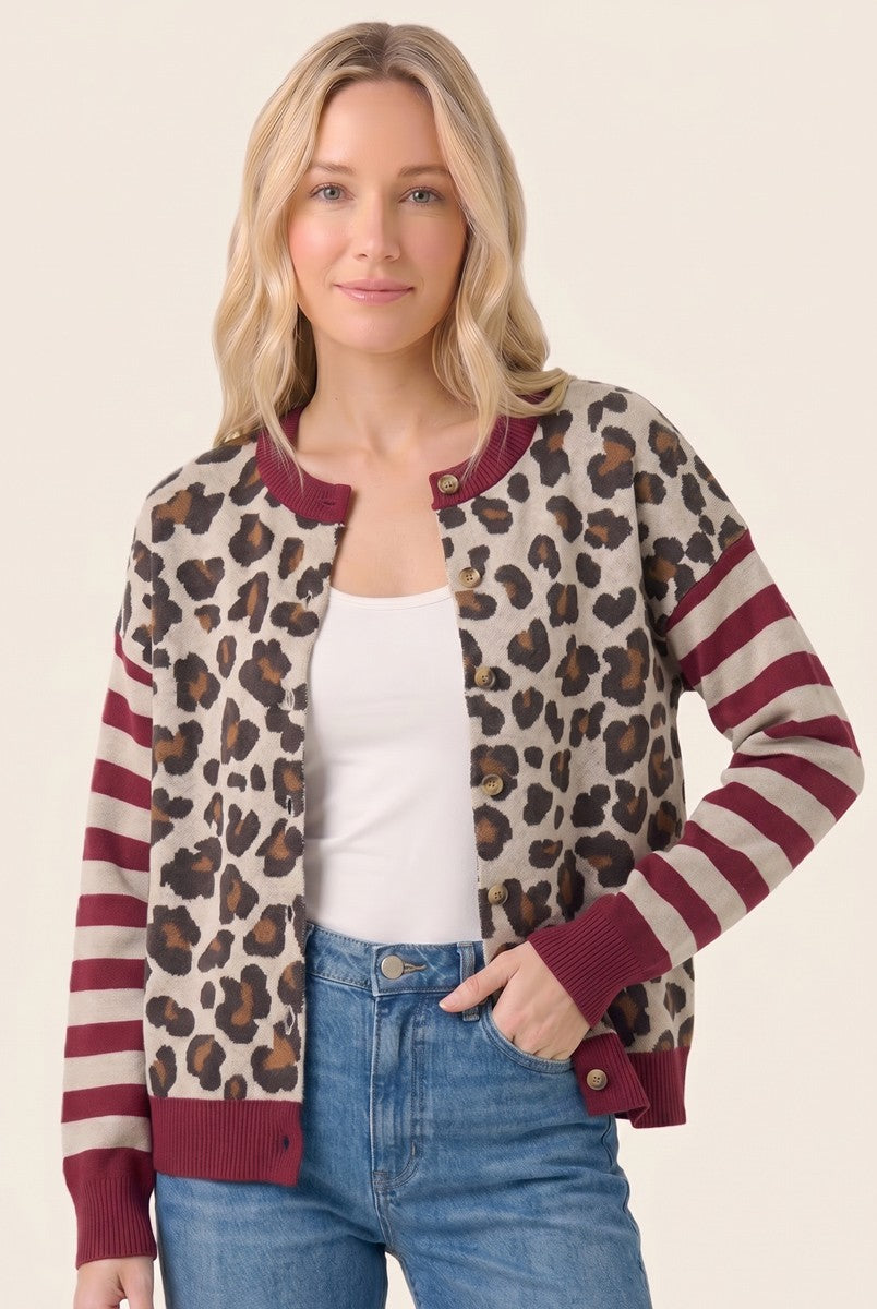 Burgundy Stripe Blocked Leopard Sweater Cardigan