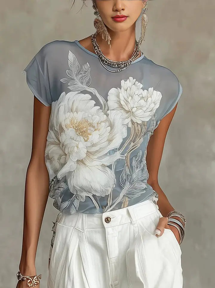 Floral Sheer Round Neck T-Shirt