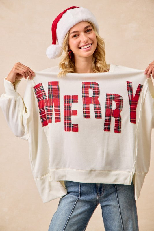 Christmas Plaid Merry Lettering Fleece Sweatshirt
