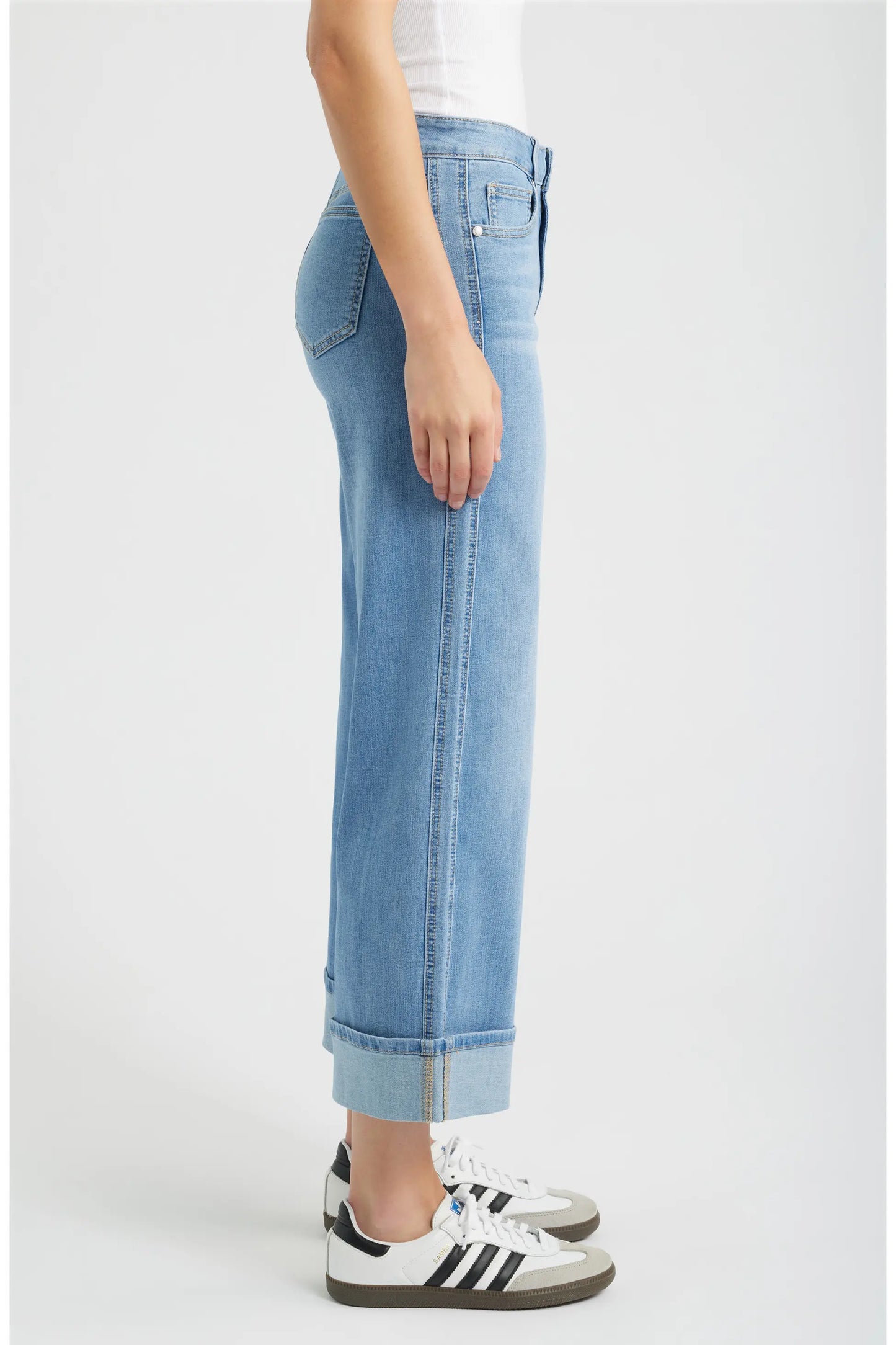 Roll Cuff Mid Rise Wide Leg Jeans