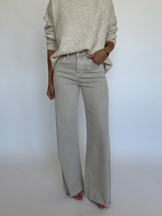 Risen Oatmeal Tummy Control Wide Leg Jeans