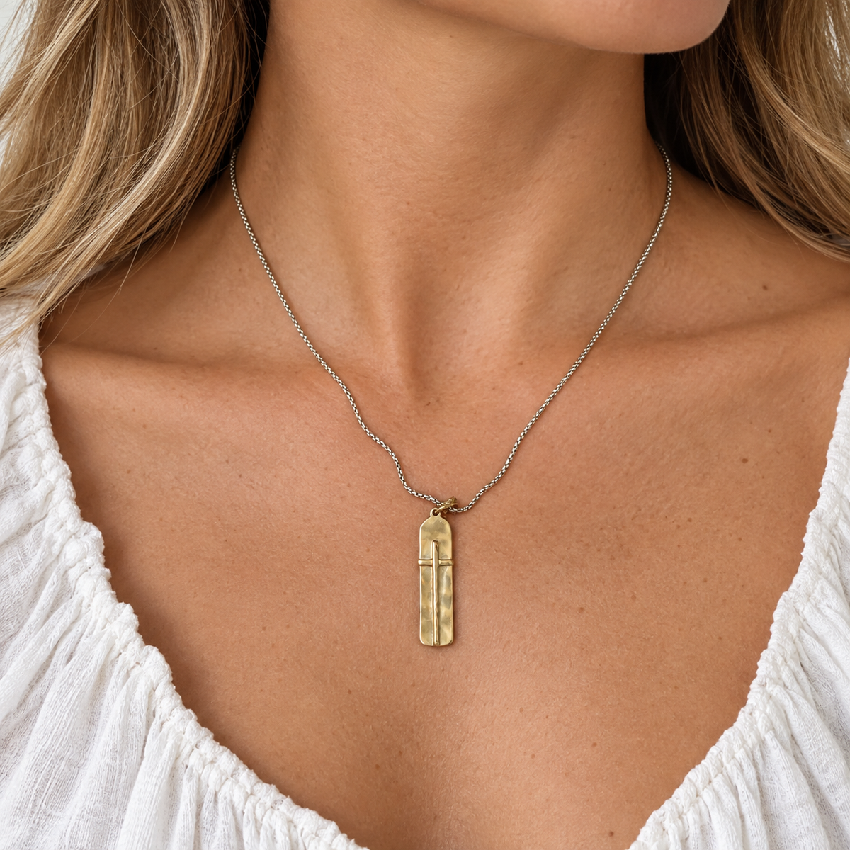 Long Cross – Necklace with Hammered Cross Drop