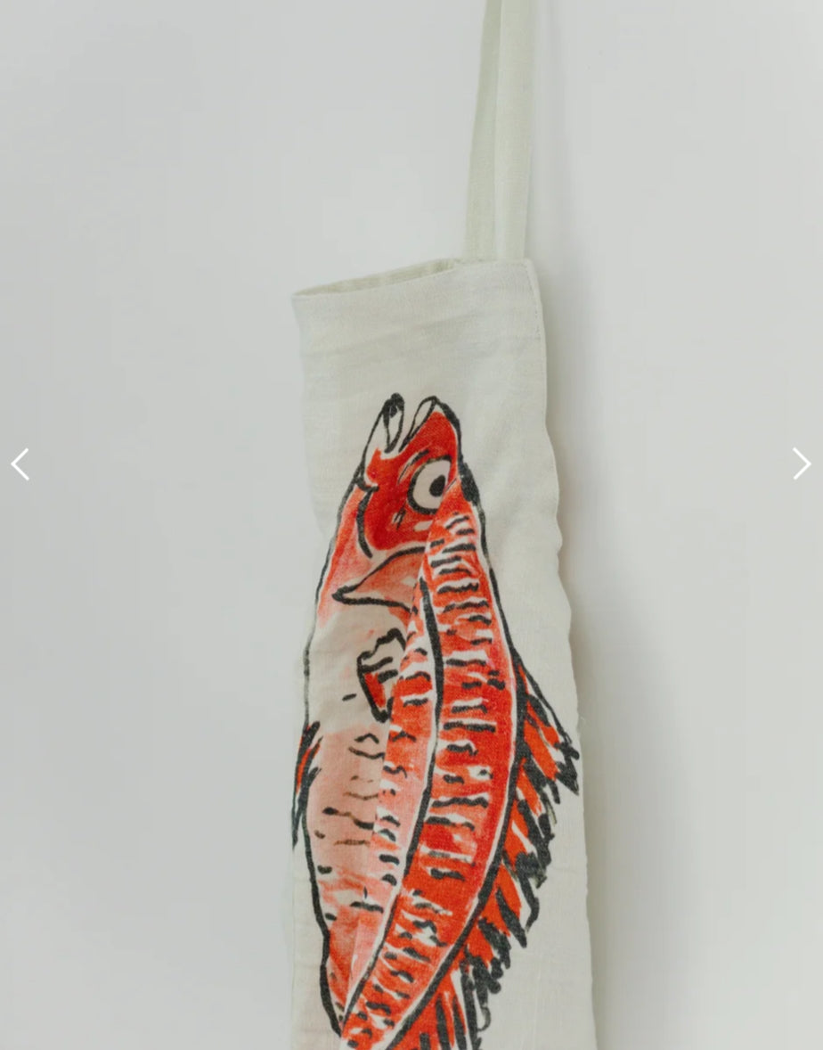 Linen Printed Apron w/ Pocket & Fish