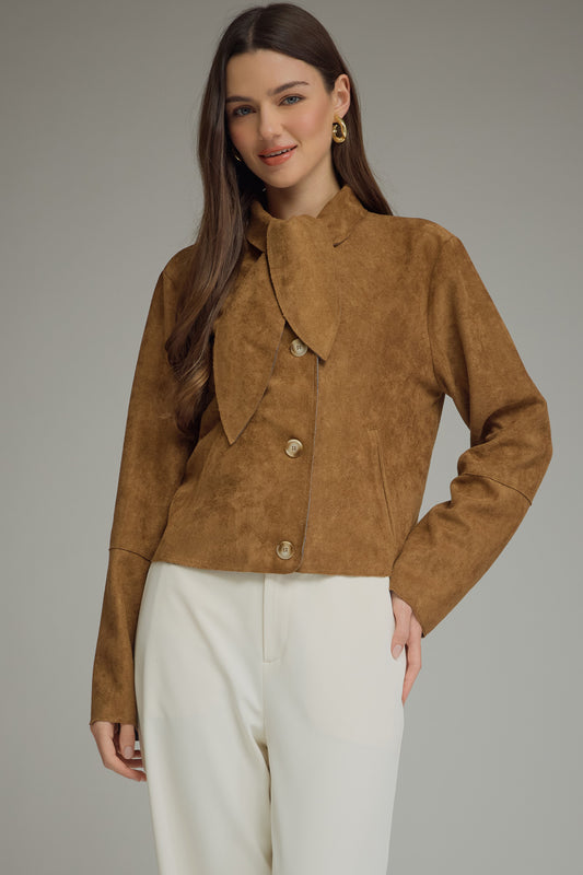 Cognac Faux Suede Button Jacket
