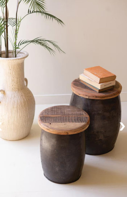 Recycled Wood and Metal Drum Table