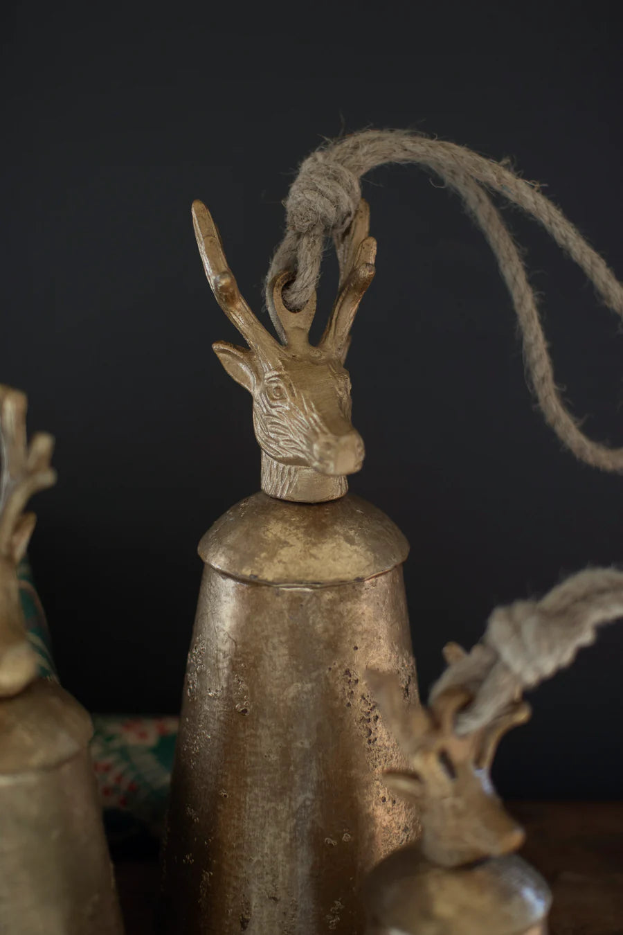 Antique Gold Metal Christmas Bells with Deer Finials