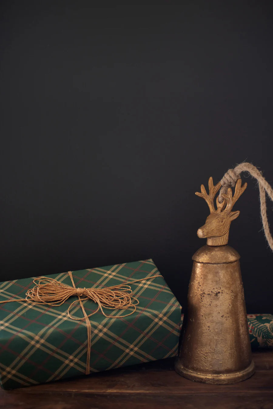 Antique Gold Metal Christmas Bells with Deer Finials