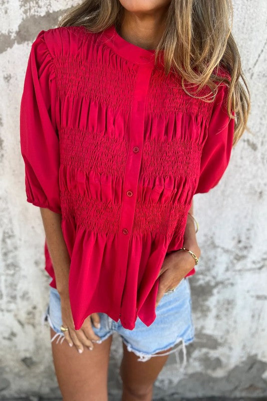 Button Up Smocked Blouse