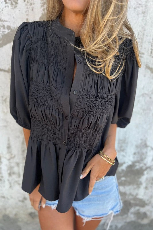 Button Up Smocked Blouse