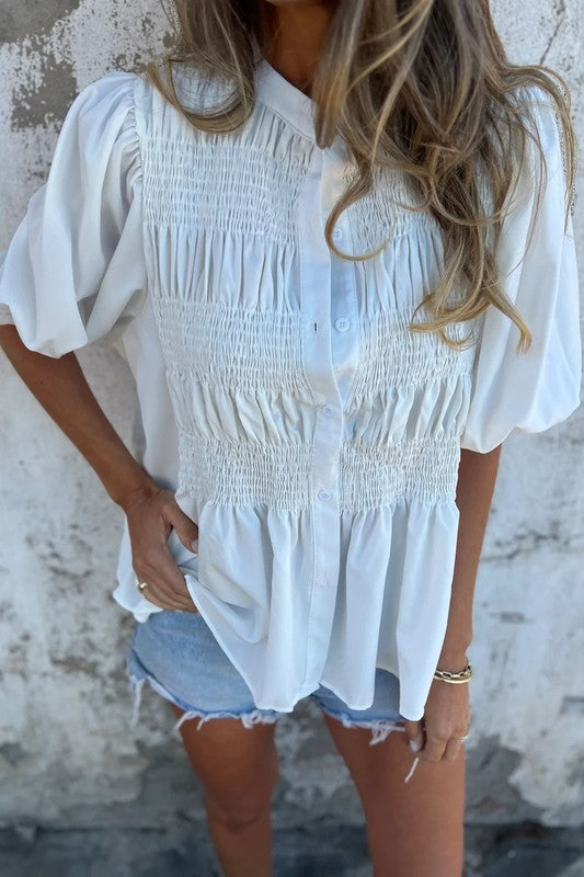 Button Up Smocked Blouse