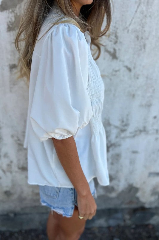 Button Up Smocked Blouse