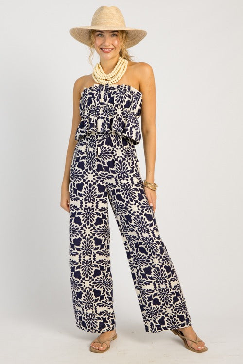 Navy Printed Strapless Jumpsuit