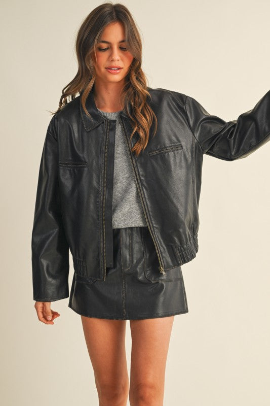 Washed Vegan Leather Zip-Up Jacket